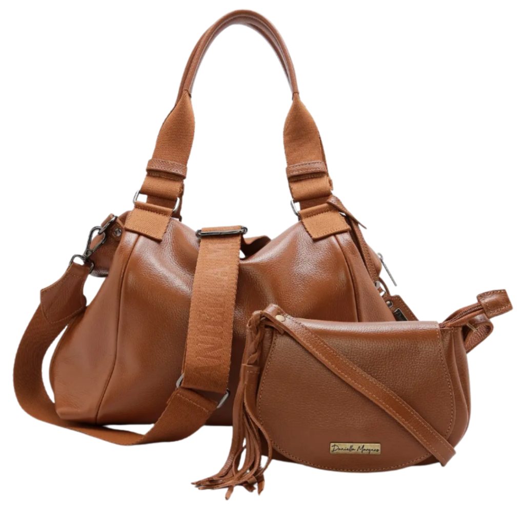 bolsa tiracolo couro caramelo com carteira conjunto feminino