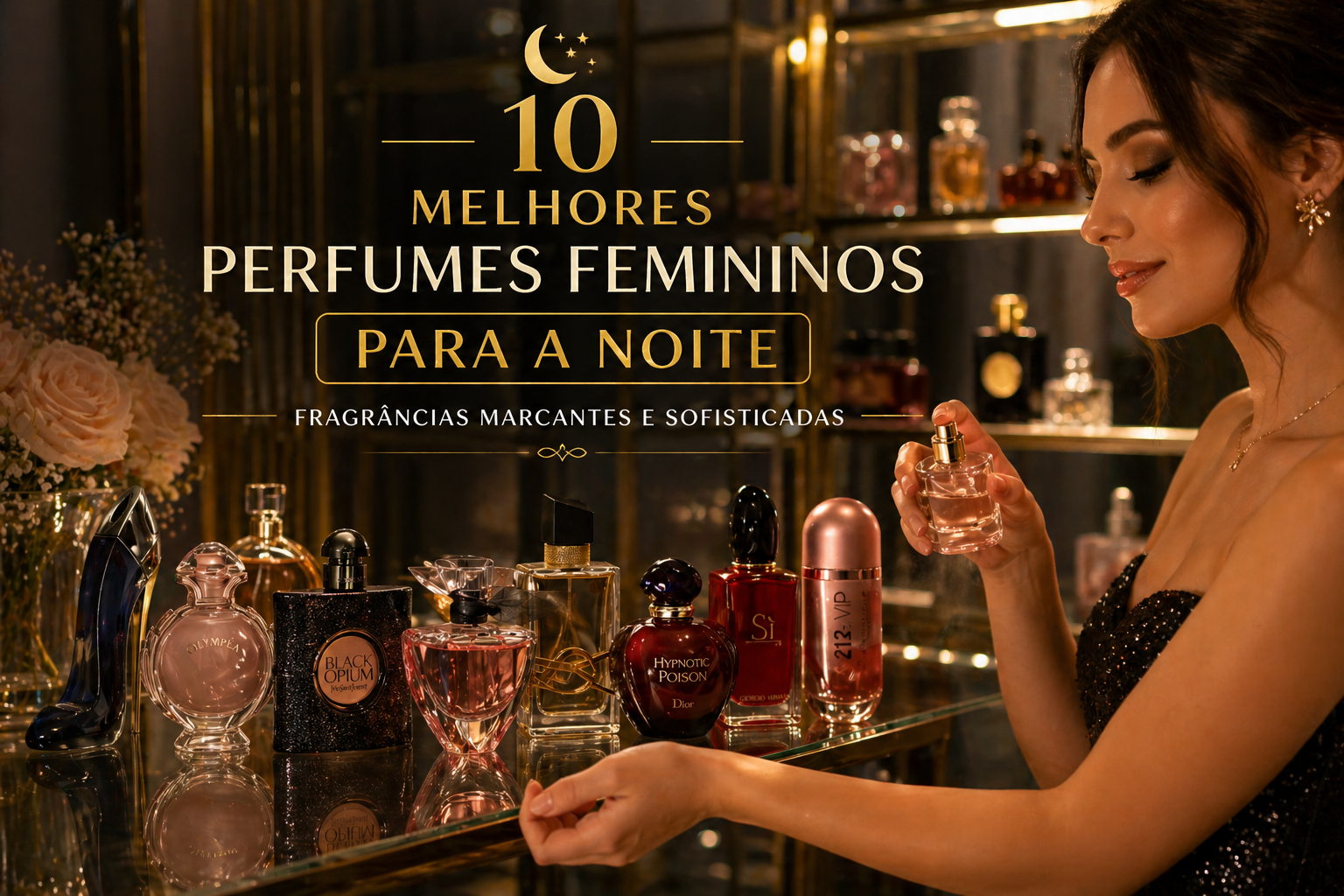 Mulher borrifando perfume no pulso ao lado de perfumes femininos importados para noite em ambiente elegante