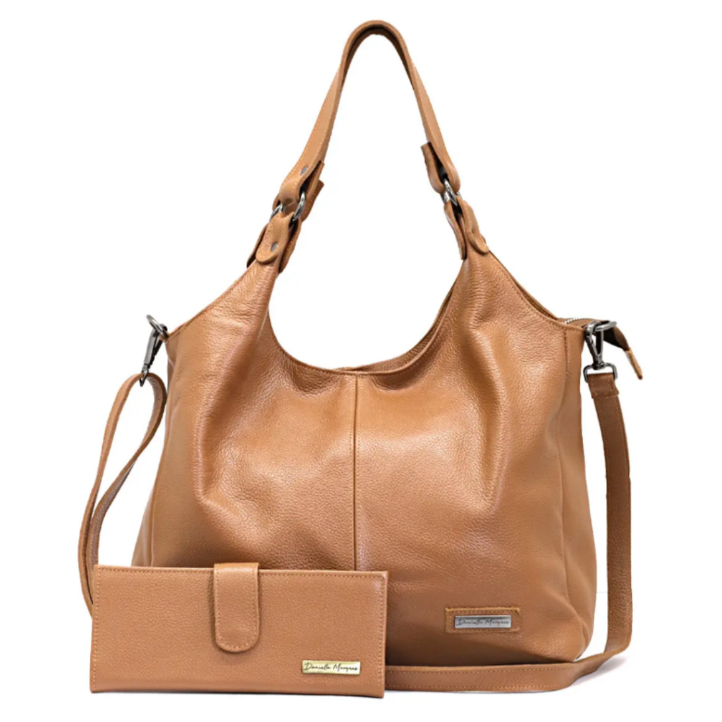 bolsa saco grande em couro legítimo caramelo com carteira feminina