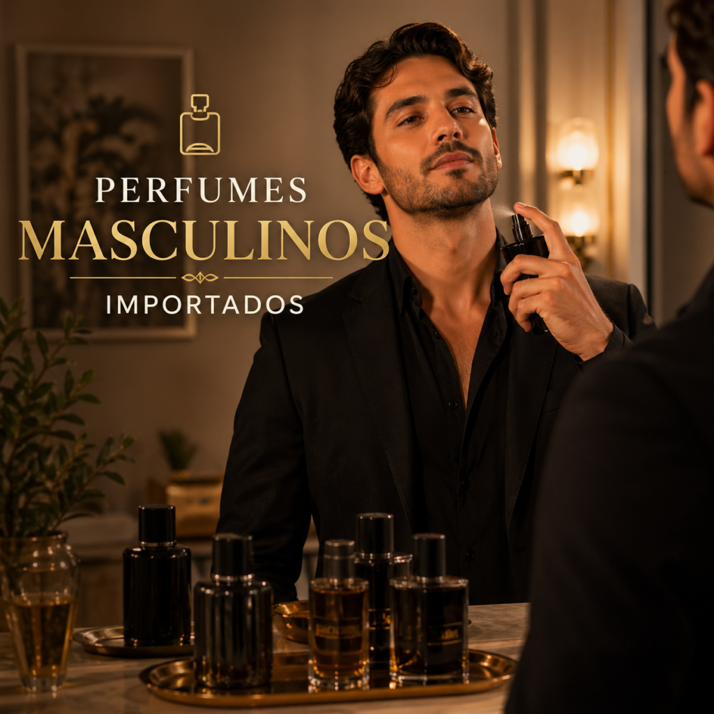 Perfumes masculinos importados em cenário sofisticado com iluminação quente