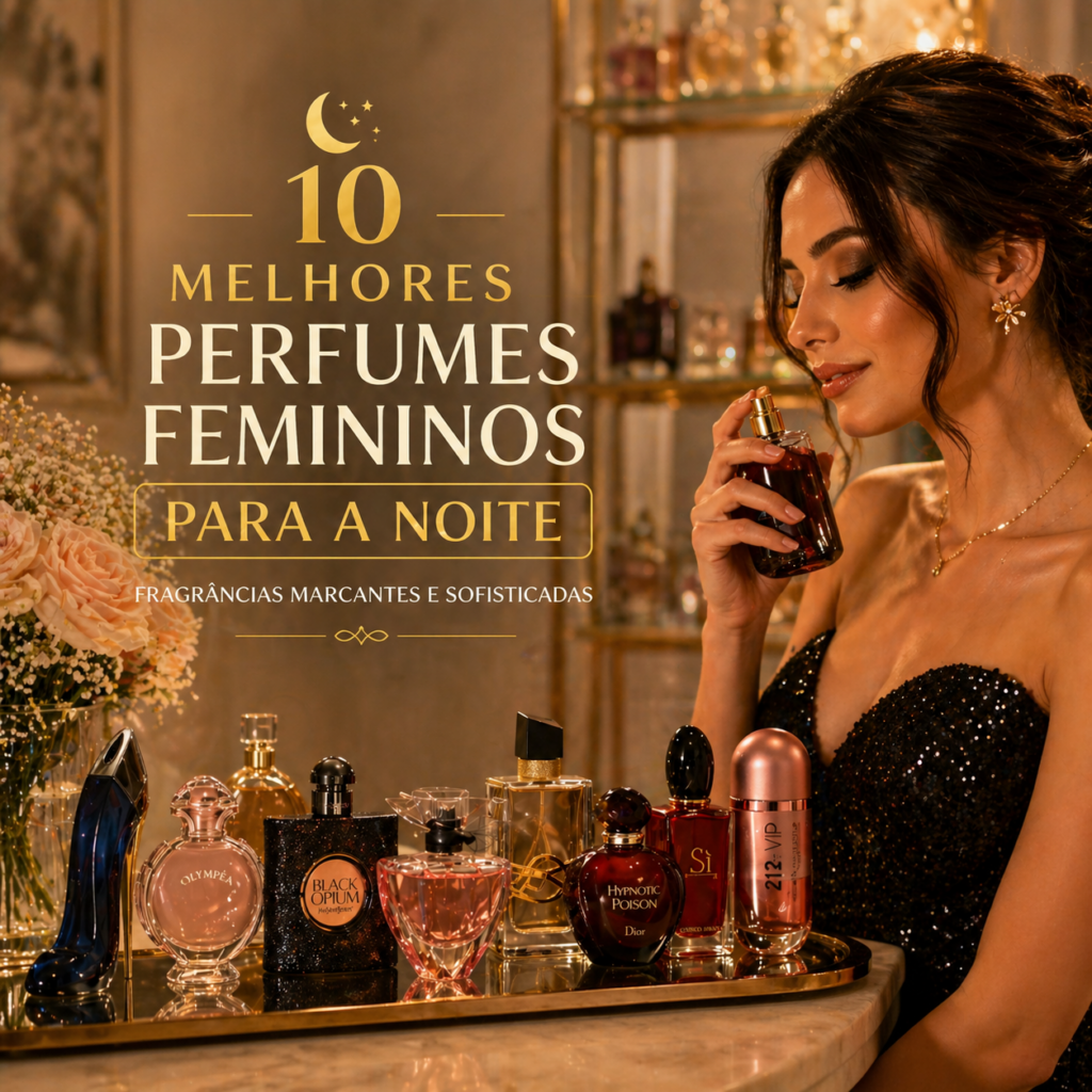Perfumes femininos para a noite com frascos elegantes em ambiente sofisticado