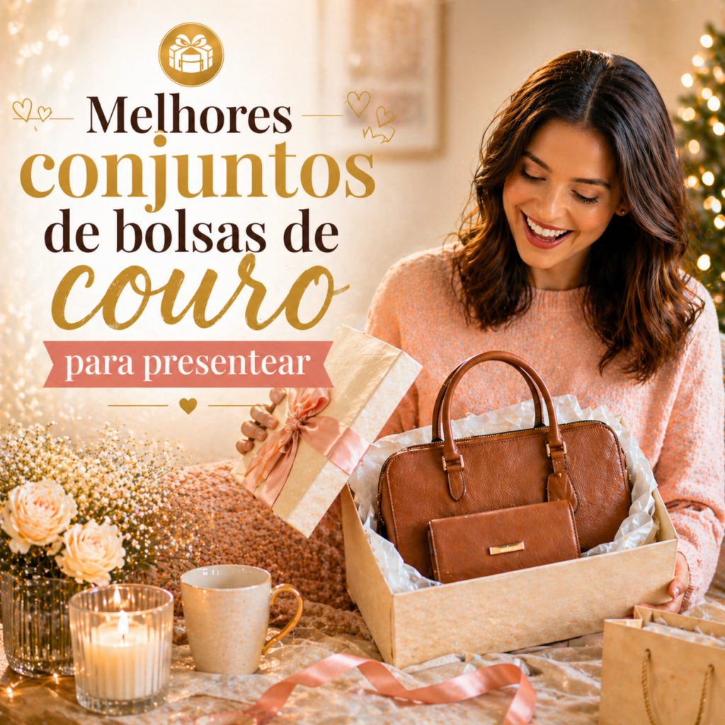 Mulher abrindo caixa de presente com o melhor conjunto de bolso de couro
